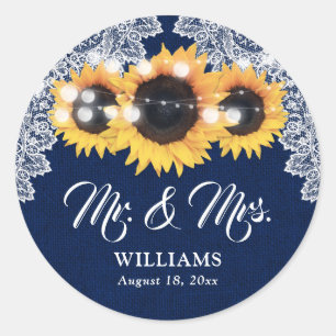 Navy Blue Burlap Lace Mr and Mrs Sunflower Wedding Classic Round Sticker