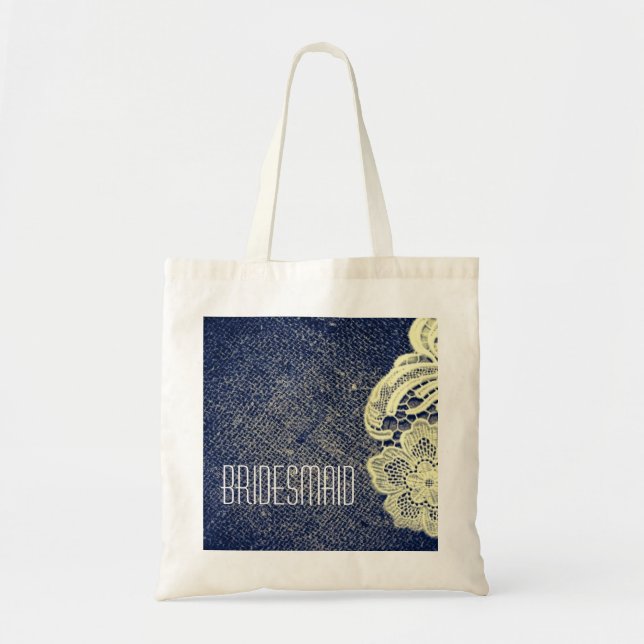 navy blue burlap lace rustic wedding bridesmaid tote bag (Front)