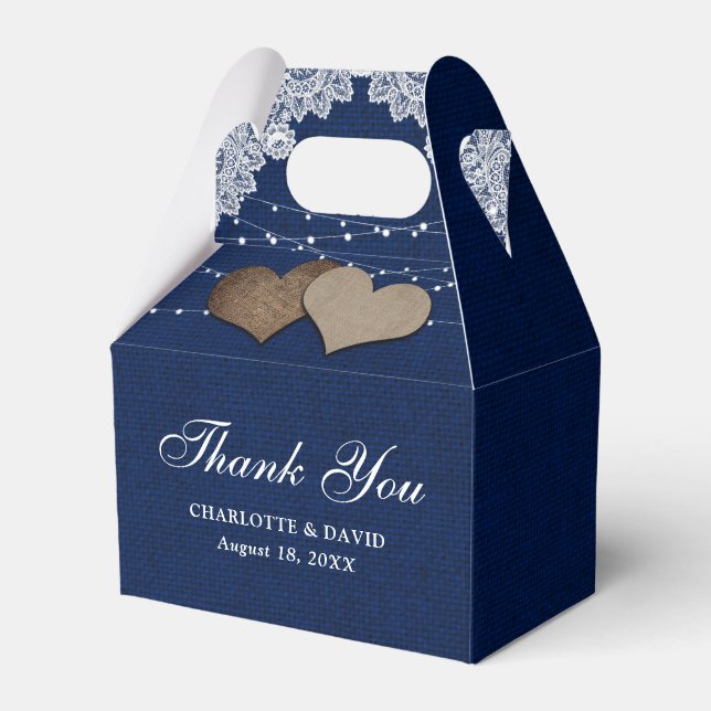 Navy Blue Burlap Lace String Lights Wedding Favor Box (Front Side)