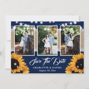 Navy Blue Burlap Lace Sunflower Wedding Photo Save The Date