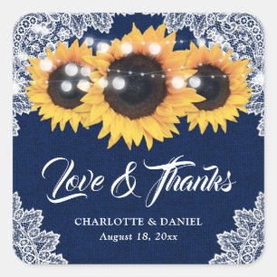 Navy Blue Burlap Lace Sunflower Wedding Thank You Square Sticker