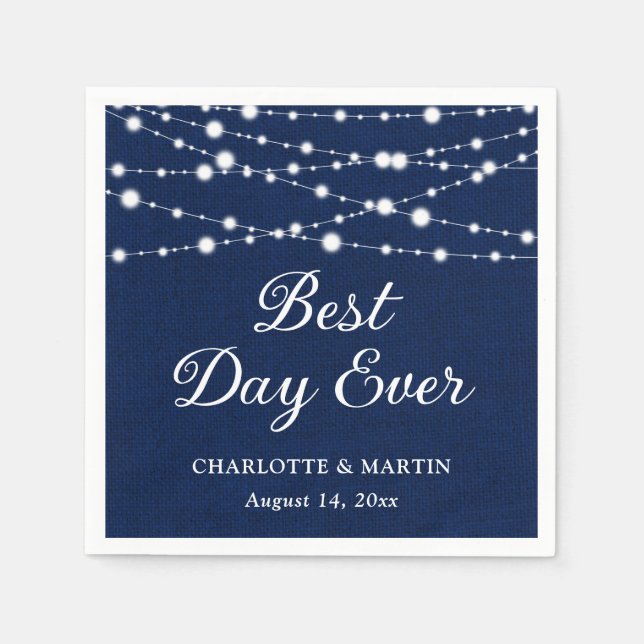 Navy Blue Burlap String Lights Rustic Wedding Napkin (Front)