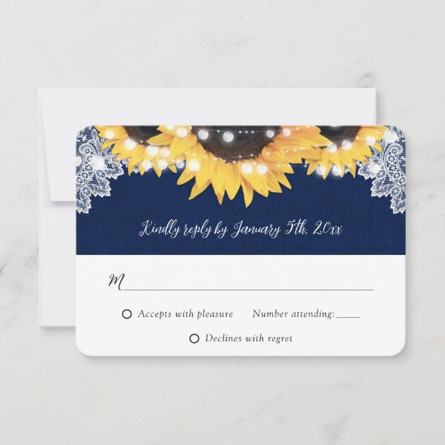 Navy Blue Burlap String Lights Sunflower Wedding RSVP Card (Front)