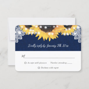 Navy Blue Burlap String Lights Sunflower Wedding RSVP Card
