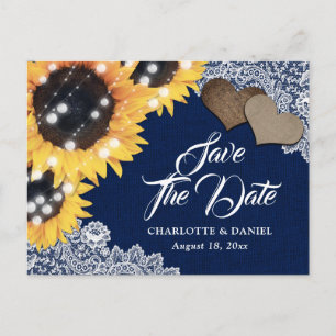 Navy Blue Burlap Sunflower Wedding Save The Date Announcement Postcard