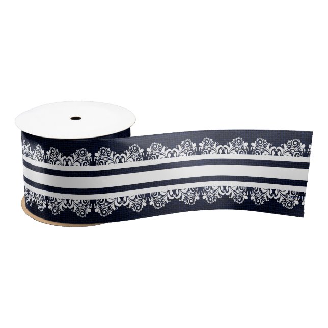 Navy Blue Burlap with White Faux Lace Satin Ribbon (Spool)