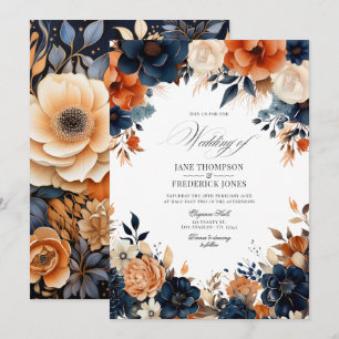 Navy Blue, Burnt Orange, and Champagne Wedding Invitation
