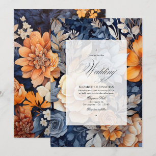 Navy Blue, Burnt Orange & Champagne Floral Wedding Invitation