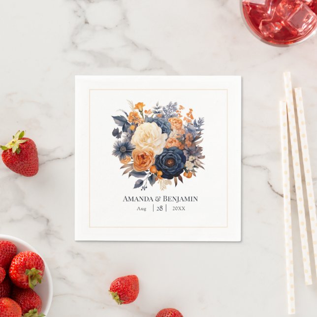 Navy Blue, Burnt Orange & Champagne Floral Wedding Napkin (Insitu)