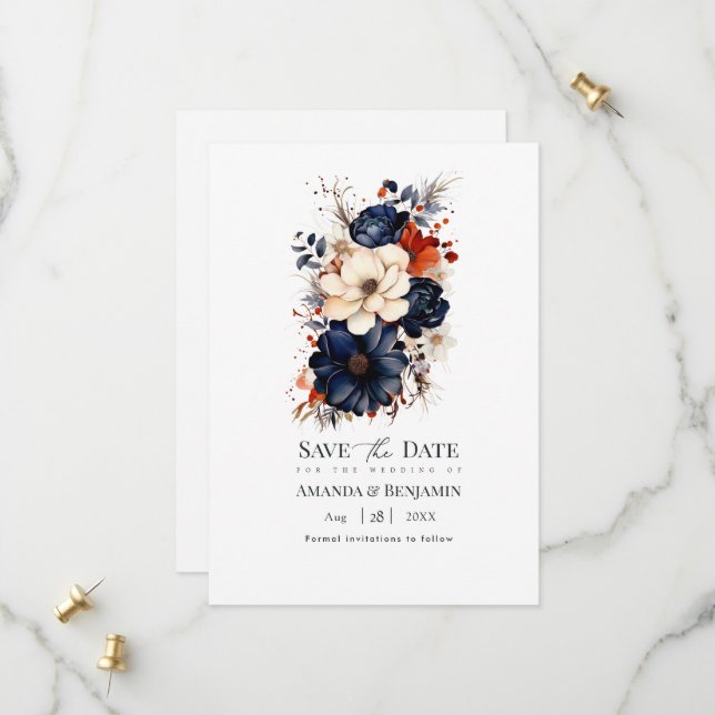 Navy Blue, Burnt Orange & Champagne Floral Wedding Save The Date (Front/Back In Situ)