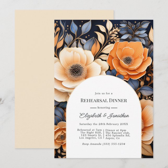 Navy Blue Burnt Orange Champagne Rehearsal Dinner Invitation (Front/Back)