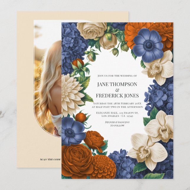 Navy Blue, Burnt Orange & Champagne Wedding Invitation (Front/Back)