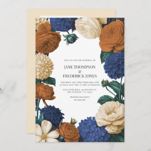 Navy Blue, Burnt Orange & Champagne Wedding Invitation