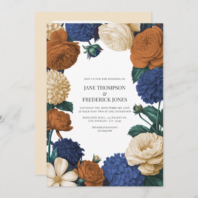 Navy Blue, Burnt Orange & Champagne Wedding Invitation (Front/Back)