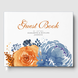 Navy Blue  Burnt Orange Fall Floral Wedding Guest Book