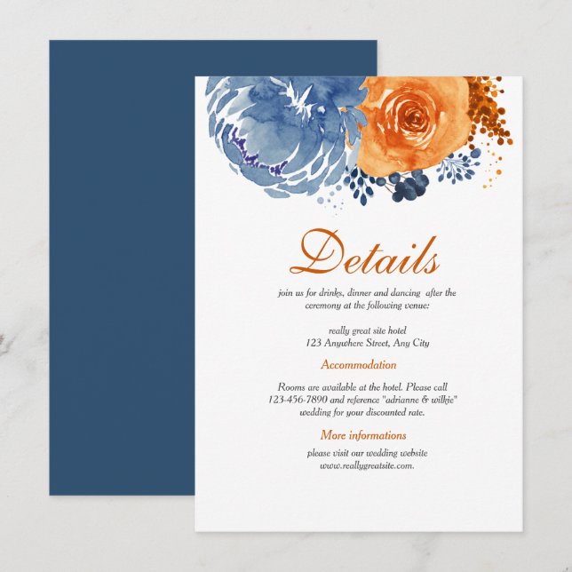 Navy Blue Burnt Orange Floral Fall Wedding Details Enclosure Card (Front/Back)