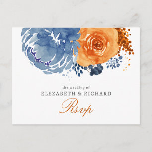 Navy Blue Burnt Orange Floral Fall Wedding Rsvp Postcard