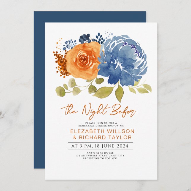 Navy Blue Burnt Orange Floral Rehearsal Dinner Invitation (Front/Back)
