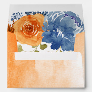 Navy Blue  Burnt Orange Floral Terracotta Wedding Envelope