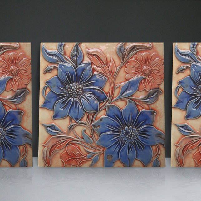 Navy Blue Burnt Orange Floral Wall Decor Tile (Creator Uploaded)