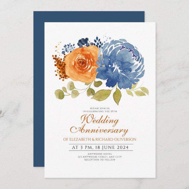 Navy Blue  Burnt Orange Floral Wedding Anniversary Invitation (Front/Back)