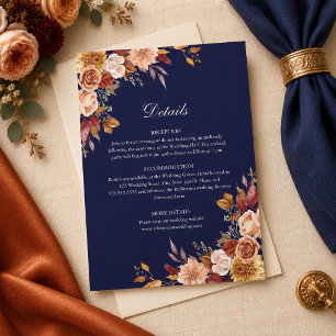 Navy Blue & Burnt Orange Floral Wedding Details Invitation