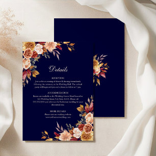 Navy Blue & Burnt Orange Floral Wedding Details Invitation