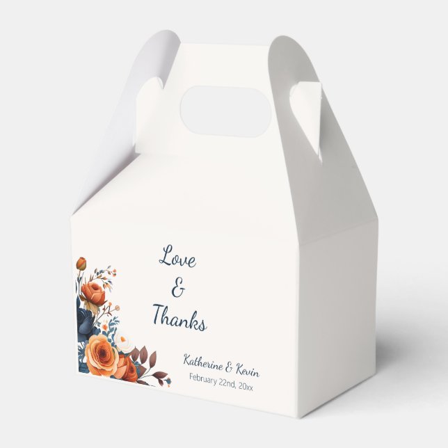 Navy Blue Burnt Orange Floral Wedding Favor Box (Front Side)