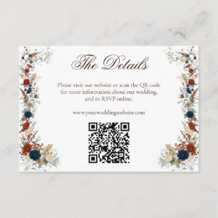 Navy Blue & Burnt Orange Floral Wedding Website QR Enclosure Card
