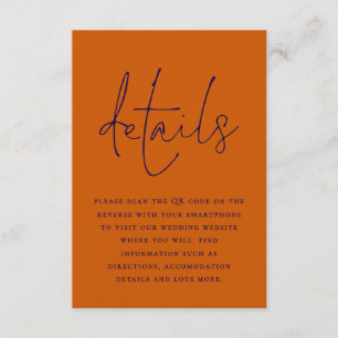 Navy Blue Burnt Orange QR Code Wedding Details Enclosure Card