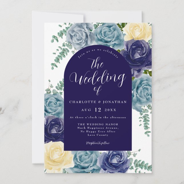 Navy Blue Burnt Orange Rustic Floral Fall Wedding Invitation (Front)
