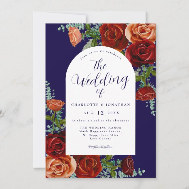 Navy Blue Burnt Orange Rustic Floral Fall Wedding Invitation (Front)