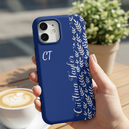 Navy Blue & Bush pink Leaf pattern monogrammed iPhone 16 Pro Max Case