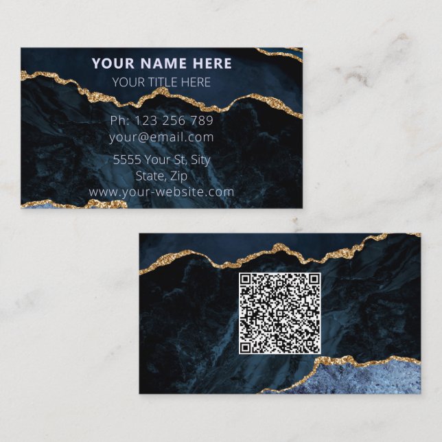 Navy Blue Business Card Template with QR Code (Front/Back)