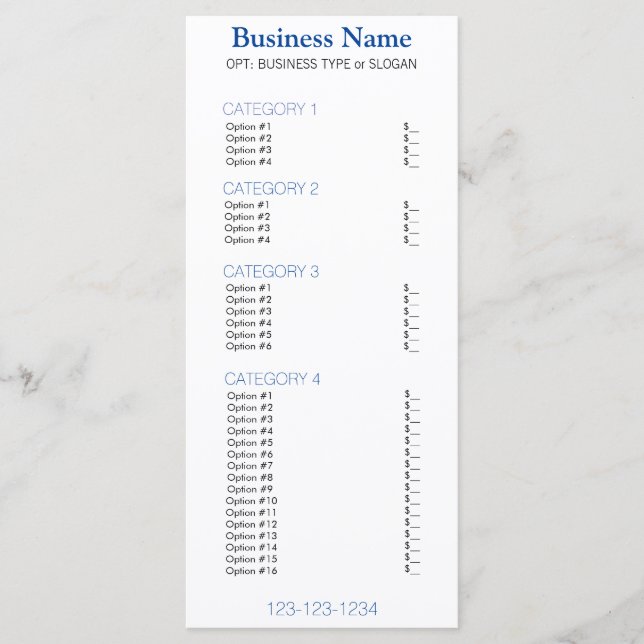 Navy Blue Business Menu with Price List (Front)