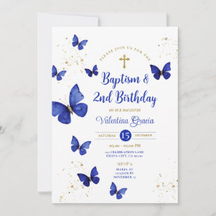 Navy Blue Butterfly Boy Girl 3rd Birthday Baptism Invitation