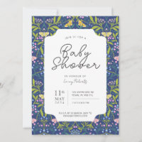 Navy Blue Butterfly Floral Damask Baby Shower