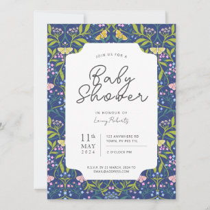 Navy Blue Butterfly Floral Damask Baby Shower Invitation