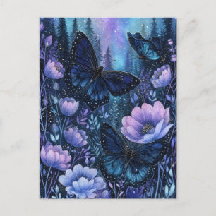 Navy Blue Butterfly in Pine Forest Night Sky Postcard