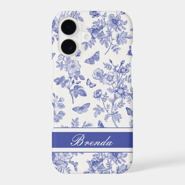 Navy Blue Butterfly Toile iPhone 14 Case (Back)