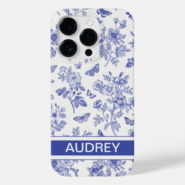 Navy Blue Butterfly Toile iPhone 14 Pro Case (Back)