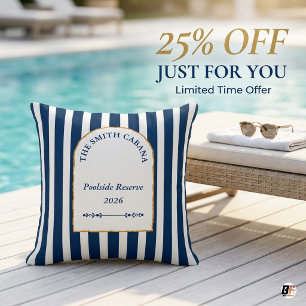 Navy Blue Cabana Stripe Custom Family Poolside Throw Pillow