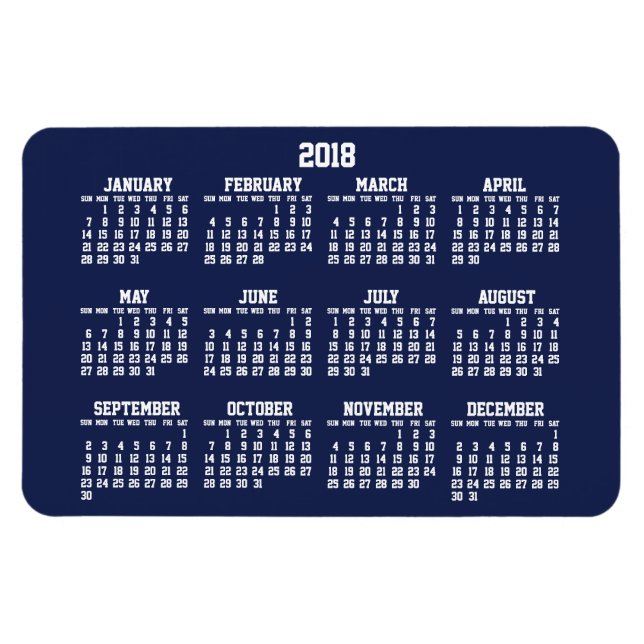 Navy Blue Calendar 2018 Large Flexible Magnets (Horizontal)