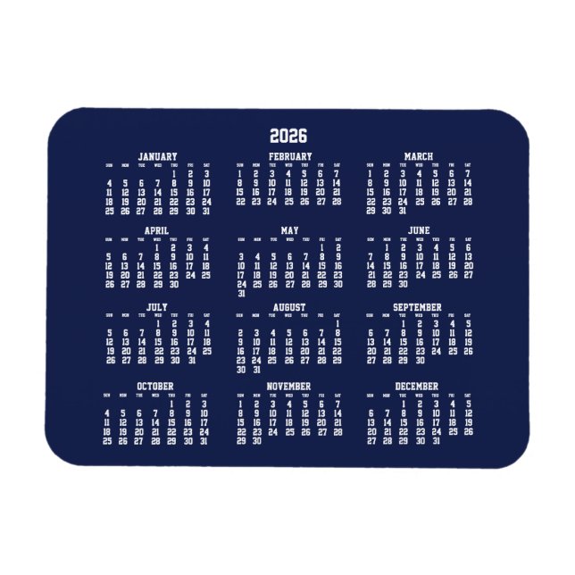 Navy Blue Calendar 2026 Small Flexible Magnet (Horizontal)
