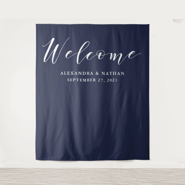 Navy Blue Calligraphy Backdrop | Photo Booth Prop Tapestry (Front)