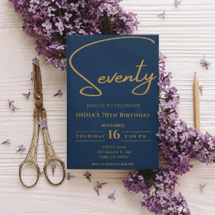 Navy Blue Calligraphy Seventy 70th Birthday Invitation