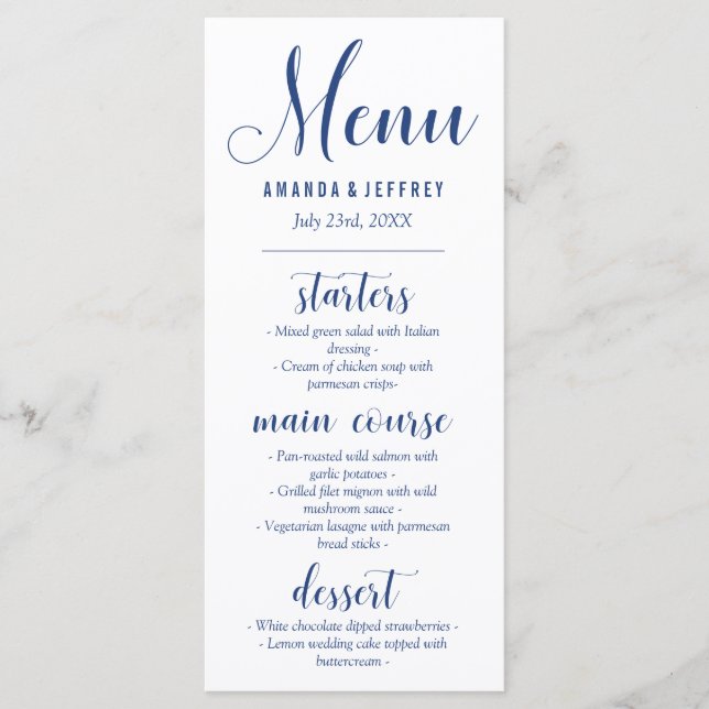 Navy Blue Calligraphy Wedding Menu (Front)