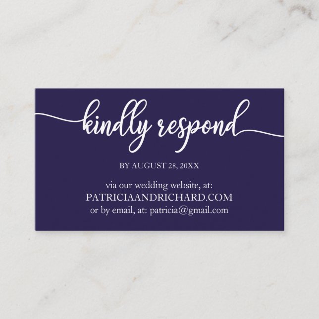 Navy Blue Calligraphy Wedding Online RSVP Business Card (Front)