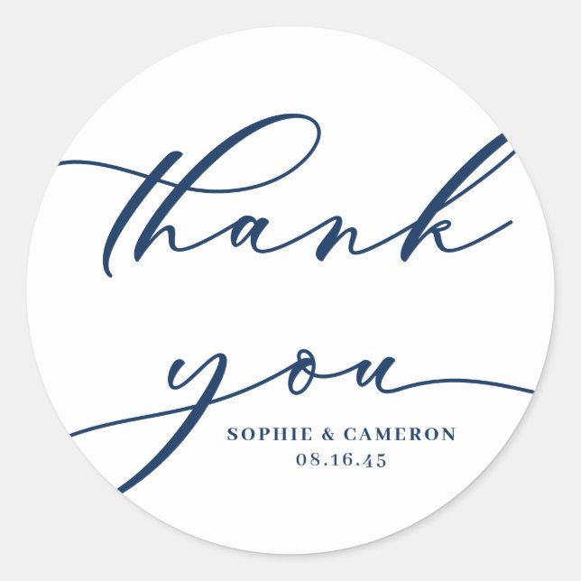 Navy Blue Calligraphy Wedding Thank You Classic Round Sticker (Front)