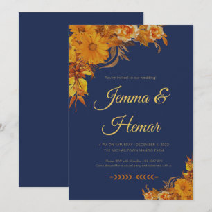 Navy blue calligraphy with Sun Flowers Invitation